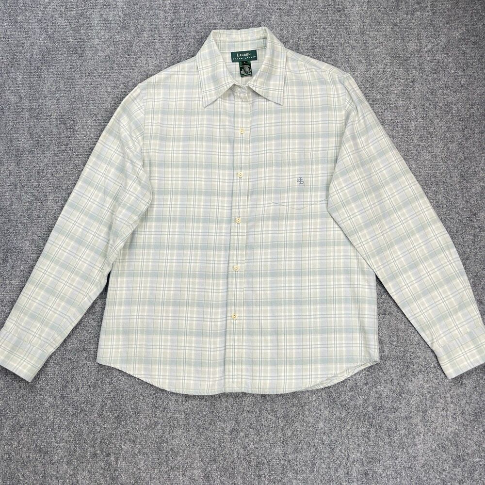 Lauren Ralph Lauren Flannel Shirt Womens Large Blue Green Plaid Button Up Cotton